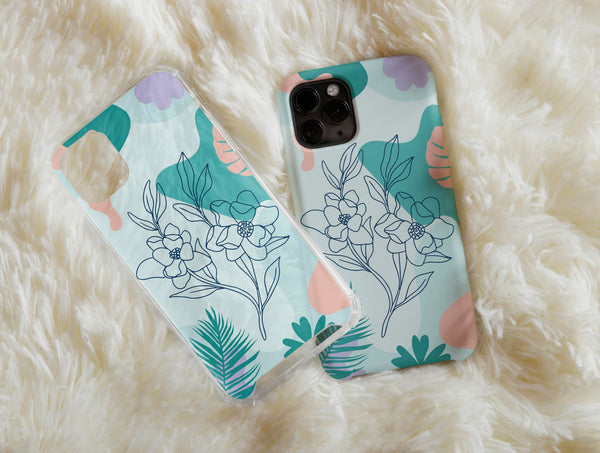 Flower Abstract Phone Case – Blue Botanical Floral Line Art Pastel Design