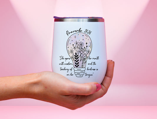 Proverbs 31 26 Wine Tumbler, Mom Scripture Wine Tumbler For Mum Mother’s Day Gift, Bible Verse Cups, Wildflower Tumbler, Scripture Tumbler