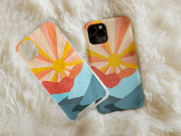 Abstract Retro Sunset Phone Case – Vintage Mountain Adventure