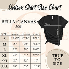 The image is a size chart for a black t-shirt, providing measurements for different sizes.