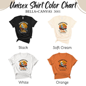 a color chart for a unisex t-shirt, showing the color options for a black, soft cream, white, and orange t-shirt.