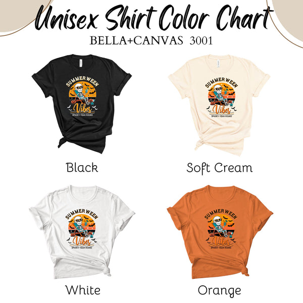 a color chart for a unisex t-shirt, showing the color options for a black, soft cream, white, and orange t-shirt.
