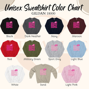 a color chart for a unisex sweatshirt, with various color options available.