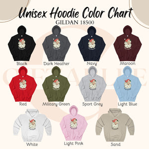 a color chart for unisex hoodies, featuring various color options such as black, dark heather, navy, maroon, red, military green, sport grey, light blue, white, light pink, and sand.