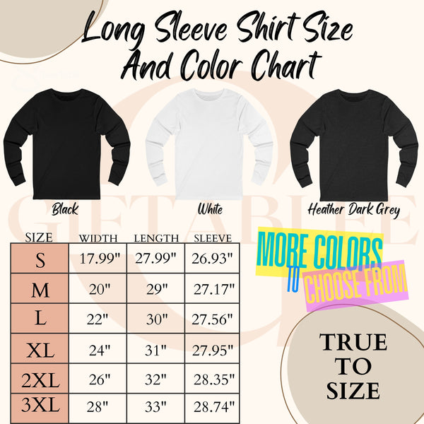 a color chart for long sleeve shirts, with three different long sleeve shirt designs in black, white, and dark grey. The chart provides size and sleeve length information for each shirt design, as well as a color chart that shows the available colors for each design.