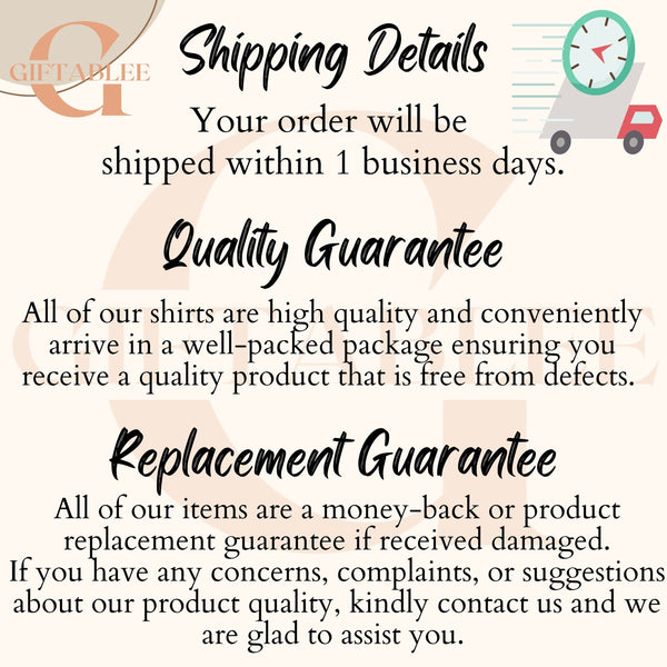 text that provides shipping details and a quality guarantee for a product. It includes a guarantee for the quality of the shirts and a replacement guarantee for the items.