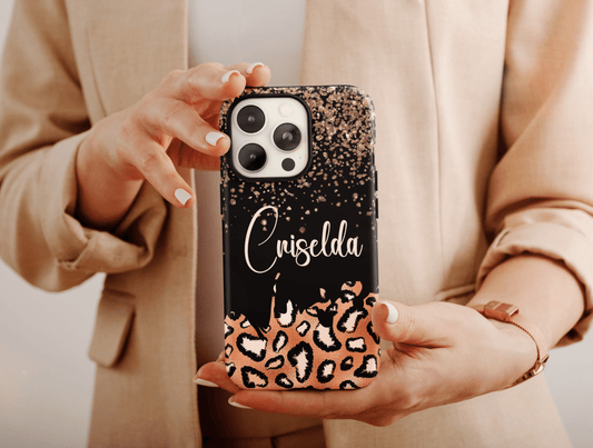 Glitter Leopard Phone Case, Leopard Print Phone Case For Women Christmas Gift, Name Phone Case, Personalized Leopard Phone Cover For Her