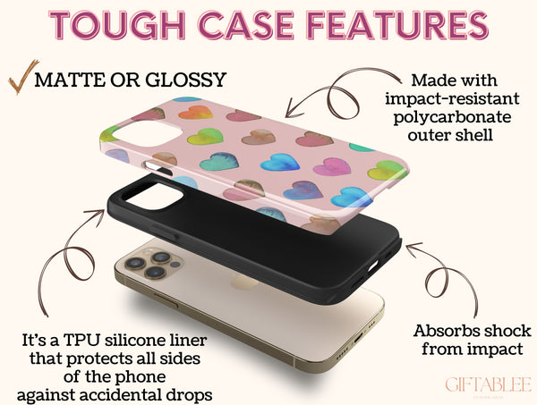 Cute Heart Phone Case – Colorful Watercolor Heart Pattern