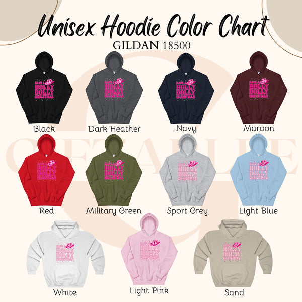 a color chart for unisex hoodies, featuring various color options such as black, dark heater, navy, maroon, red, military green, sport grey, light blue, white, light pink, and sand.