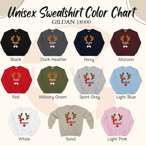 a color chart for a unisex sweatshirt, showing various color options for the design.
