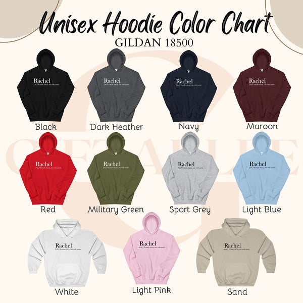 a color chart for unisex hoodies, featuring various color options such as black, dark Heather, navy, maroon, red, military green, sport grey, light blue, pink, and sand.