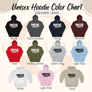 a color chart for unisex hoodies, featuring various color options such as black, navy, maroon, red, military green, sport grey, light blue, pink, and sand.