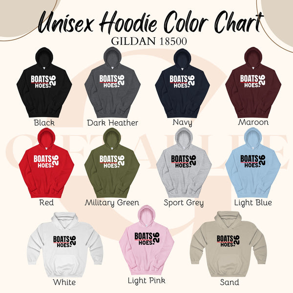 a color chart for unisex hoodies, featuring various color options such as black, navy, maroon, red, military green, sport grey, light blue, pink, and sand.
