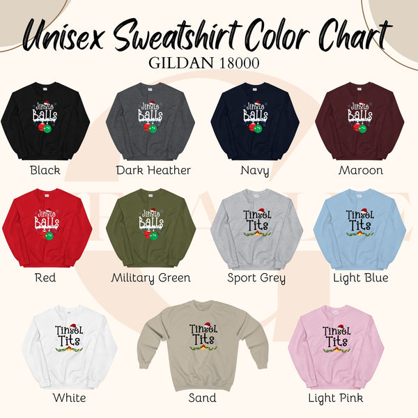 a color chart for a unisex sweatshirt, showing various color options along with their corresponding names.
