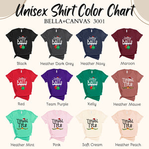 a color chart for a unisex t-shirt, showing various color options and corresponding t-shirt designs.