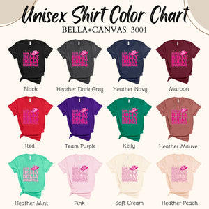 a color chart for a unisex t-shirt, showing various color options available for the design.