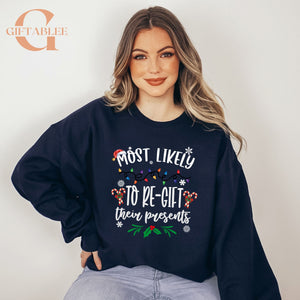 A woman wearing a navy blue sweatshirt with a humorous text printed on it.