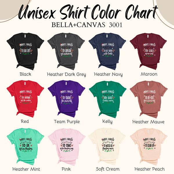a color chart for a unisex t-shirt, with various color options available.