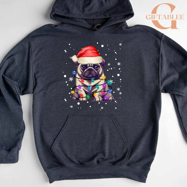 A gray hoodie with a graphic of a pug wearing a Santa hat and surrounded by Christmas lights.