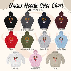 a color chart for unisex hoodies, featuring various colors and styles.
