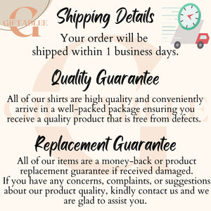 text that provides shipping details and a quality guarantee for a product. It includes a guarantee for the quality of the shirts and a replacement guarantee for the items.