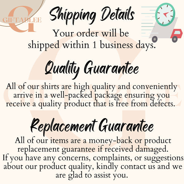 text that provides shipping details and a quality guarantee for a product. It includes a guarantee for the quality of the shirts and a replacement guarantee for the items.
