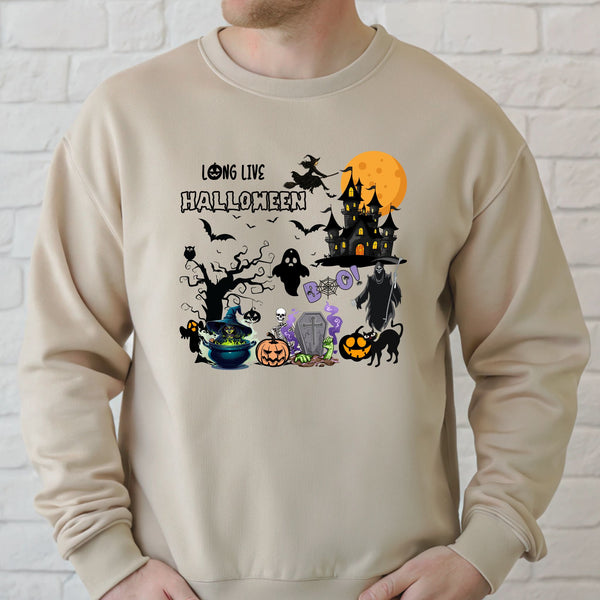A beige sweatshirt with a Halloween-themed graphic design featuring a castle, bats, pumpkins, a skeleton, and other spooky elements.