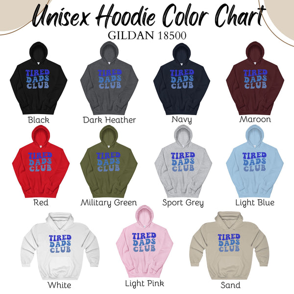a color chart for unisex hoodies, featuring various color options such as black, dark heather, navy, maroon, red, military green, sport grey, light blue, pink, and sand.