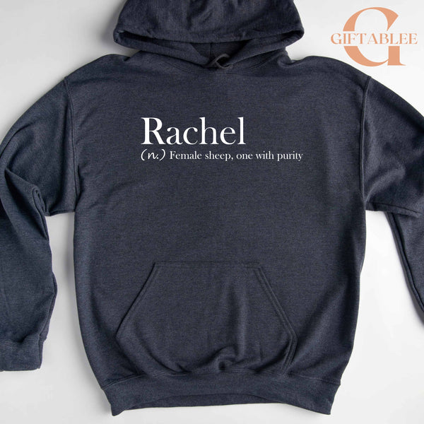 A gray hooded sweatshirt with the word "Rachel" printed on it.