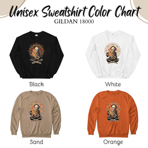 a color chart for a unisex sweatshirt, with four different color options: black, white, sand, and orange.