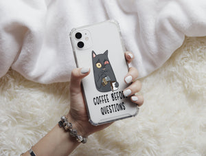 Funny Kawaii Cat Phone Case – Coffee Before Questions