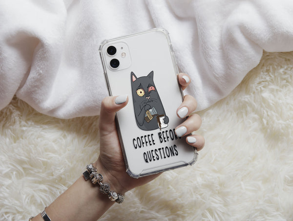 Funny Kawaii Cat Phone Case – Coffee Before Questions