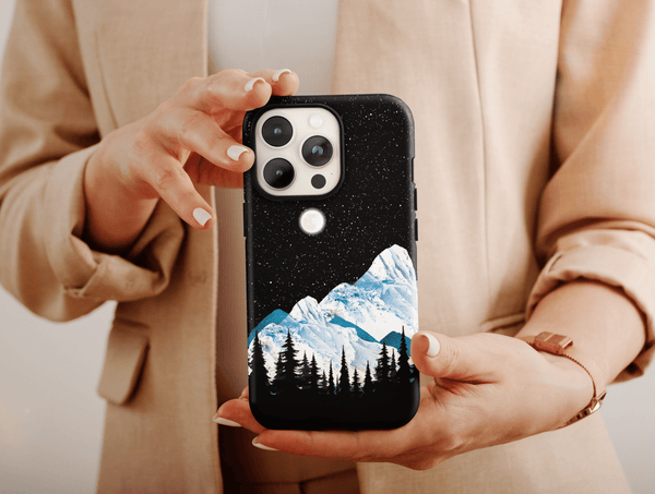 Mountain Night Sky Phone Case – Snowy Peaks & Full Moon Landscape