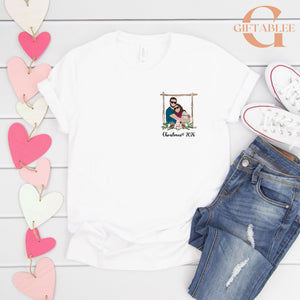 a white t-shirt with a graphic design, a pair of jeans, and some heart-shaped decorations on a white background.