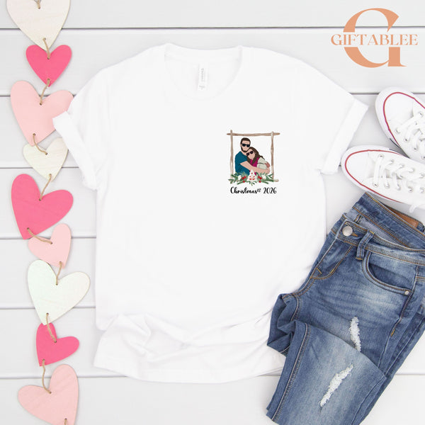 a white t-shirt with a graphic design, a pair of jeans, and some heart-shaped decorations on a white background.