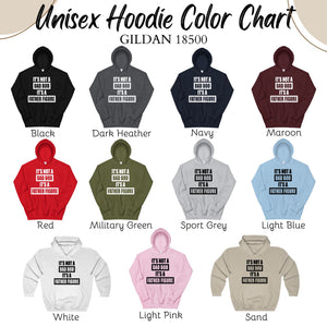 a color chart for unisex hoodies, featuring various color options and corresponding father figure designs.