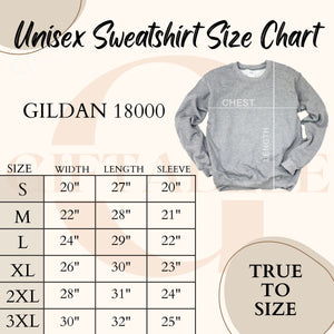 The image is a size chart for a GILDA 1800 sweatshirt, which is a type of unisex sweatshirt. The chart provides measurements for different sizes, including S, M, L, XL, and 3XL, along with corresponding widths and lengths. The chart is designed to help customers determine the appropriate size for their sweatshirt based on their height and body measurements.