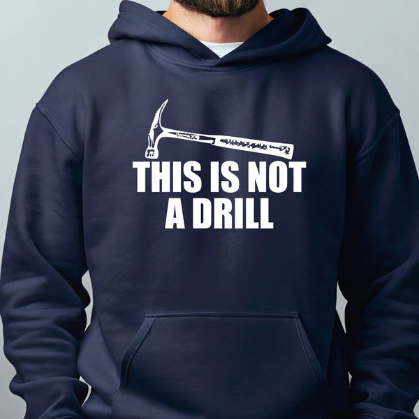 A navy blue hoodie with a white graphic and text printed on it.