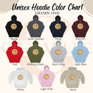 The image is a color chart for unisex hoodies, displaying various color options along with their corresponding hoodie designs.