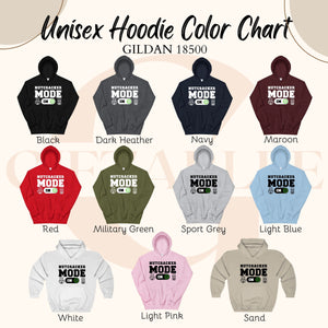 a color chart for unisex hoodies, featuring various color options such as black, dark heather, navy, maroon, red, military green, sport grey, light blue, pink, and sand.