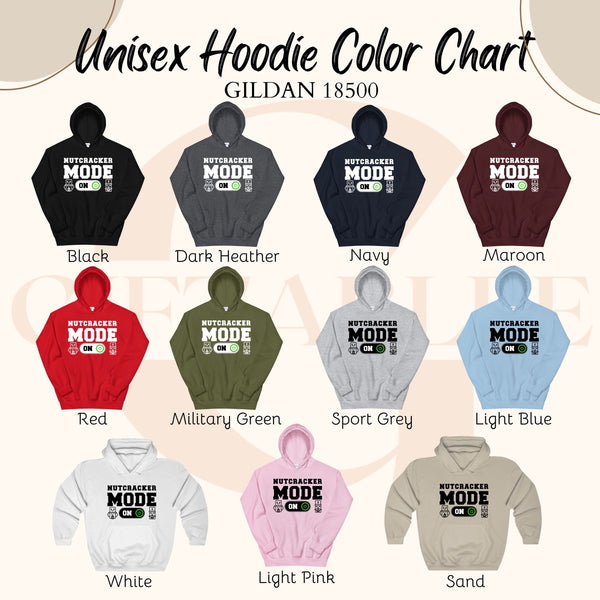 a color chart for unisex hoodies, featuring various color options such as black, dark heather, navy, maroon, red, military green, sport grey, light blue, pink, and sand.