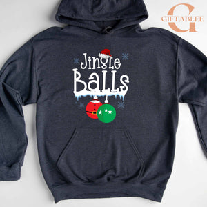 A gray hoodie with a graphic design on the front, featuring the text "Jingle Balls" and decorative Christmas ornaments.