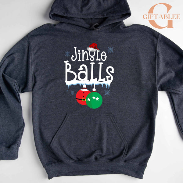 A gray hoodie with a graphic design on the front, featuring the text "Jingle Balls" and decorative Christmas ornaments.