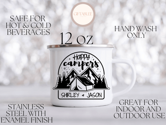 Happy Campers Enamel Mug, Adventuring Camping Mug Personalized Camping Gifts, Campfire Mug, Camper Mug, Custom Couple Camper Mug For