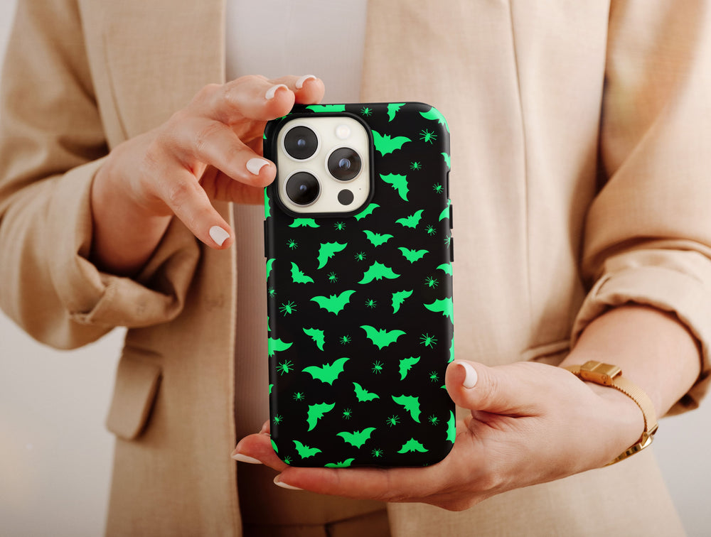 Halloween Bats Phone Case – Neon Bat & Spider Pattern Cover