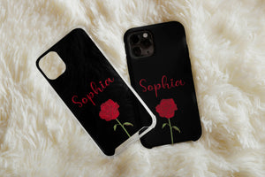 Personalized Rose Phone Case – Custom Name & Single Red Rose on Black