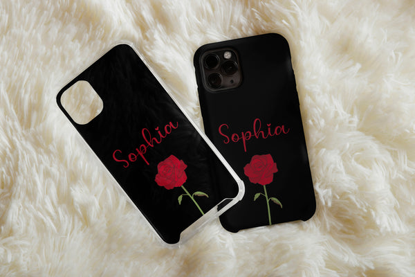 Personalized Rose Phone Case – Custom Name & Single Red Rose on Black