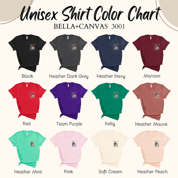a color chart for a collection of t-shirts, with each color represented by a different t-shirt design.