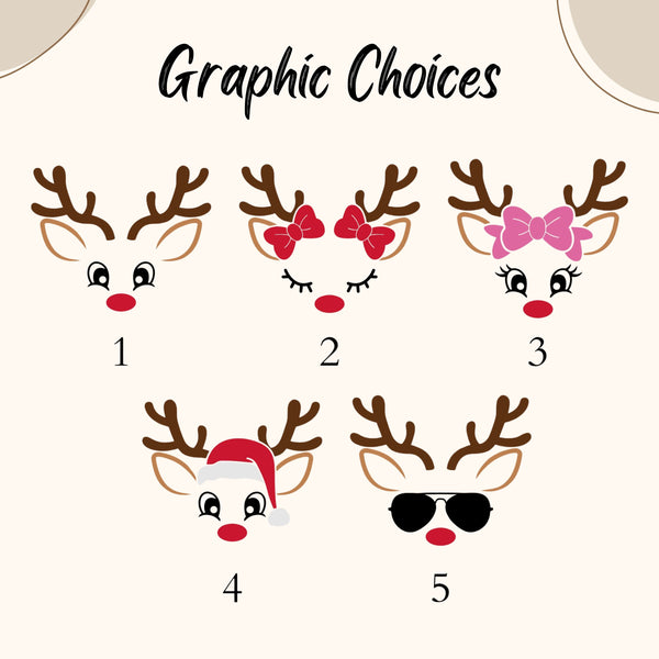 five stylized reindeer faces with different accessories, such as Santa hats, bow ties, sunglasses, and glasses.