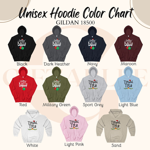 a color chart for unisex hoodies, featuring various colors and styles.
